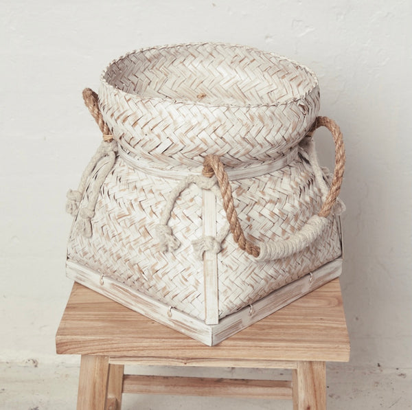 Whitewashed Bamboo Basket With Rope Handles